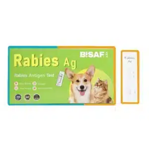 Zestaw weterynaryjny BISAF Rabies Ag do wykrywania antygenu wścieklizny u psów i kotów – na zdjęciu opakowanie z wizerunkiem psa i kota oraz kasetka testowa, obramowanie niebiesko-pomarańczowe.
