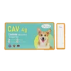 Przednia strona opakowania testu CAV Ag marki Dvot do wykrywania wirusa Adeno u psów (Canine Adeno Virus).Po prawej stronie widoczna kasetka testowa z oznaczeniem CAV i literami C, T, S. Produkt jest przeznaczony dla psa.