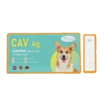 Przednia strona opakowania testu CAV Ag marki Dvot do wykrywania wirusa Adeno u psów (Canine Adeno Virus).Po prawej stronie widoczna kasetka testowa z oznaczeniem CAV i literami C, T, S. Produkt jest przeznaczony dla psa.