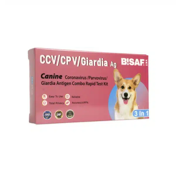 Opakowanie testu COMBO BISAF VET CCV/CPV/Giardia Ag 3w1 z grafiką psa, przeznaczonego do diagnostyki chorób zakaźnych u psów.