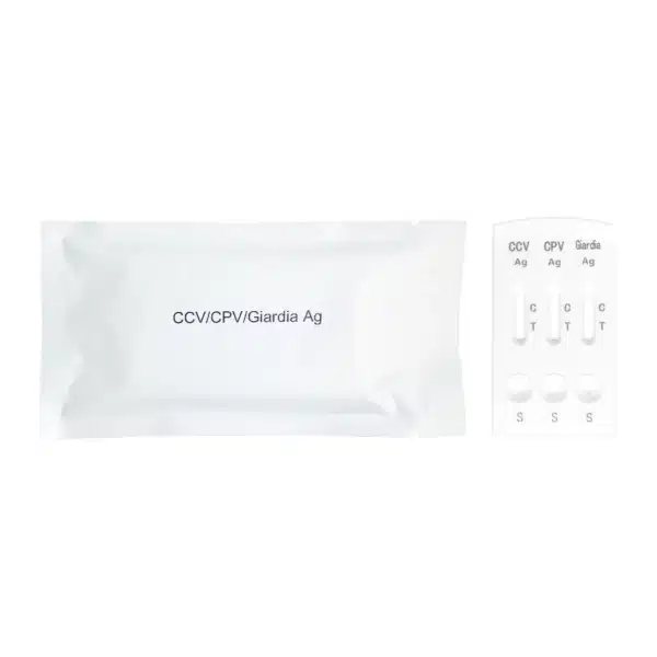 Zestaw testowy COMBO BISAF VET CCV/CPV/Giardia Ag – foliowe opakowanie z oznaczeniem testu oraz kasetka diagnostyczna z trzema okienkami (CCV, CPV, Giardia),