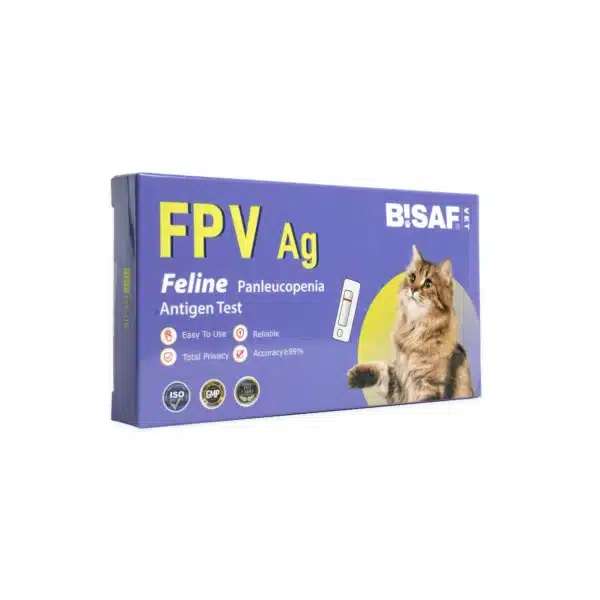 Opakowanie weterynaryjnego testu FPV Ag BISAF VET do wykrywania antygenu panleukopenii kotów (Feline Panleucopenia Virus) z grafiką kota na opakowaniu.