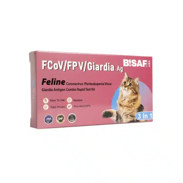 Opakowanie testu COMBO BISAF VET FCoV/FPV/Giardia Ag 3w1 z grafiką kota, przeznaczonego do diagnostyki chorób zakaźnych u kotów.