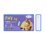 Opakowanie testu antygenowego FHV Ag firmy Dvot, służącego do wykrywania herpeswirusa u kotów (Feline Herpesvirus). Na fioletowym pudełku widnieje zdjęcie kota. Obok pudełka znajduje się test kasetkowy z oznaczeniem „FHV”, miejscami na linie kontrolną (C) i testową (T) oraz okienkiem do aplikacji próbki (S).