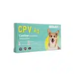 Test weterynaryjny BISAF VET CPV Ag – opakowanie kartonowe w kolorze turkusowym z grafiką psa, przeznaczony do wykrywania parwowirusa u psów.