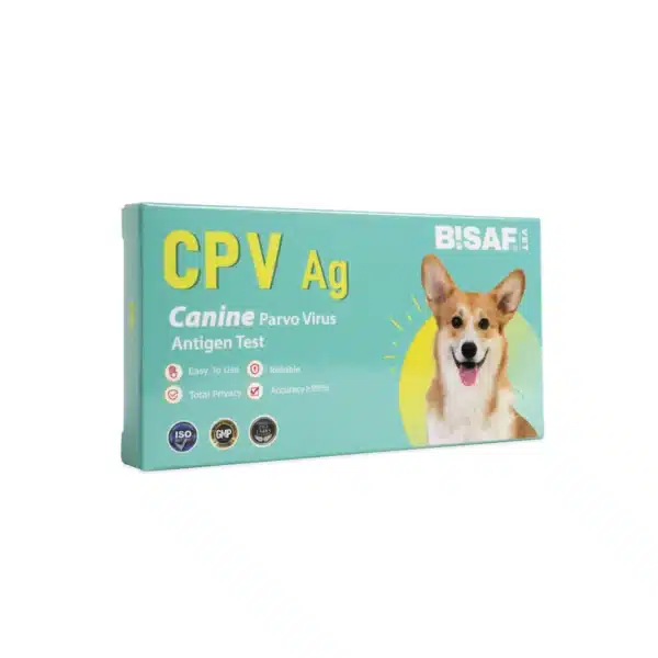 Test weterynaryjny BISAF VET CPV Ag – opakowanie kartonowe w kolorze turkusowym z grafiką psa, przeznaczony do wykrywania parwowirusa u psów.