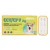 Szybki test BISAF CCV/CPV Ag 2 w 1 do wykrywania koronawirusa i parwowirozy u psów. Na opakowaniu widoczny wizerunek psa, oznaczenia „2 In 1” oraz przykładowa kaseta testowa z podwójnym panelem.
