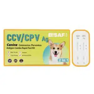 Szybki test BISAF CCV/CPV Ag 2 w 1 do wykrywania koronawirusa i parwowirozy u psów. Na opakowaniu widoczny wizerunek psa, oznaczenia „2 In 1” oraz przykładowa kaseta testowa z podwójnym panelem.