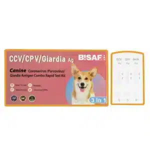 Test BISAF CCV/CPV/Giardia Ag 3 w 1 do jednoczesnego wykrywania koronawirusa, parwowirozy i giardii u psów. Różowe opakowanie z wizerunkiem psa oraz potrójna kaseta testowa z trzema panelami oznaczonymi C, T i S.
