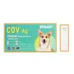 Szybki test BISAF CDV Ag do wykrywania wirusa nosówki u psów (Canine Distemper Virus). Turkusowe opakowanie z wizerunkiem psa oraz kaseta testowa z oznaczeniami C, T i S.