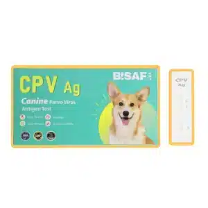 Szybki test BISAF CPV Ag do wykrywania parwowirusa u psów (Canine Parvo Virus). Turkusowe opakowanie z wizerunkiem psa oraz kaseta testowa z polami C, T i S.