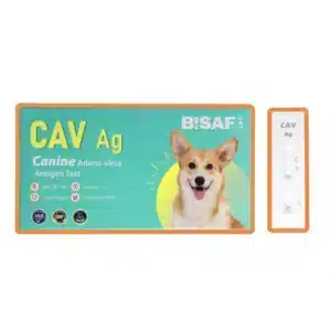 Zestaw weterynaryjny BISAF CAV Ag do wykrywania antygenu wirusa adenowirozy psów – na zdjęciu opakowanie z wizerunkiem psa rasy corgi oraz kasetka testowa, obramowanie w kolorze pomarańczowym.