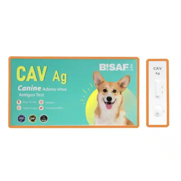 Zestaw weterynaryjny BISAF CAV Ag do wykrywania antygenu wirusa adenowirozy psów – na zdjęciu opakowanie z wizerunkiem psa rasy corgi oraz kasetka testowa, obramowanie w kolorze pomarańczowym.