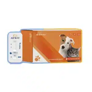 Opakowanie zbiorcze zawierające 10 zestawów testowych ALENEPET Toxoplasma gondii Ag do wykrywania antygenu Toxoplasma gondii u psów i kotów. W zestawie kasetka testowa z linią kontrolną (C), testową (T) oraz oznaczeniem miejsca aplikacji próbki (S).