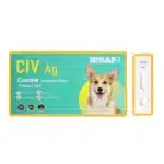 Szybki test BISAF CIV Ag do wykrywania antygenu wirusa grypy psów (Canine Influenza Virus). Turkusowe opakowanie z wizerunkiem psa oraz kaseta testowa z polami C, T i S.