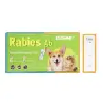 Test serologiczny BISAF Rabies Ab do wykrywania przeciwciał przeciwko wściekliźnie u psów i kotów. Zielone opakowanie z wizerunkiem psa i kota oraz kasetkowym testem z boku.