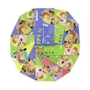 Kompozycja z kilkunastu opakowań testów weterynaryjnych BISAF ułożonych w okrąg. Widoczne testy diagnostyczne dla psów i kotów, m.in. FPV Ag, Giardia Ag, 2 w 1 i 3 w 1, przeznaczone do wykrywania chorób takich jak panleukopenia, giardioza, koronawiroza i nosówka u zwierząt.