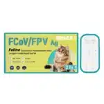 Test BISAF FCoV/FPV Ag 2 w 1 do wykrywania koronawirusa i panleukopenii u kotów. Turkusowe opakowanie z wizerunkiem kota oraz podwójna kaseta testowa z panelami oznaczonymi C, T i S.