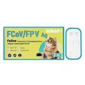 Test BISAF FCoV/FPV Ag 2 w 1 do wykrywania koronawirusa i panleukopenii u kotów. Turkusowe opakowanie z wizerunkiem kota oraz podwójna kaseta testowa z panelami oznaczonymi C, T i S.