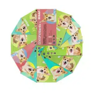 Układ opakowań testów weterynaryjnych BISAF ułożonych w okrąg, z centralnie umieszczonym testem kombinowanym CCV/CPV/Giardia Ag 3 w 1 dla psów. Widoczne także testy 2 w 1 i pojedyncze, przeznaczone do diagnostyki chorób zakaźnych u psów i kotów, takich jak giardioza, koronawiroza, nosówka i panleukopenia.