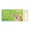 Test serologiczny BISAF Toxo Ab do wykrywania przeciwciał Toxoplasma gondii u psów i kotów. Na zdjęciu opakowanie z wizerunkiem psa i kota oraz dołączona kaseta testowa z polami C, T i S.