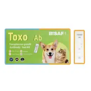 Test serologiczny BISAF Toxo Ab do wykrywania przeciwciał Toxoplasma gondii u psów i kotów. Na zdjęciu opakowanie z wizerunkiem psa i kota oraz dołączona kaseta testowa z polami C, T i S.