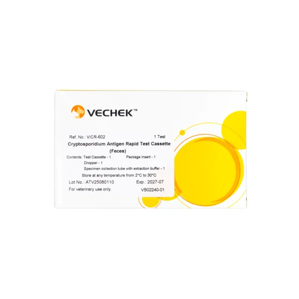 Opakowanie testu Vechek Cryptosporidium Antigen Rapid Test Cassette – szybki test do wykrywania antygenu Cryptosporidium w kale zwierząt.