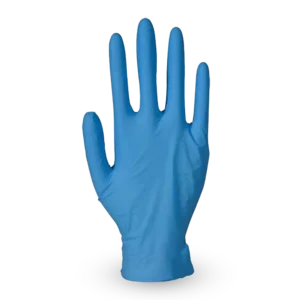 Niebieska rękawiczka nitrylowa ochronna na dłoni.