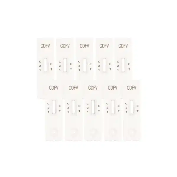 Zestaw 10 kasetek testowych Bioindist CDV/CFV ułożonych w dwóch rzędach po 5 kasetek