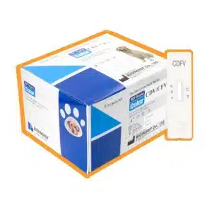 Biało-niebieskie pudełko testu Bioindist CDV/CFV oraz kasetka testowa, zaznaczone pomarańczową obwódką.