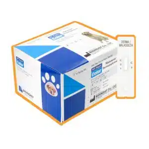 Opakowanie testu weterynaryjnego Bioindist BIT Rapid Color Malassezia/Dermatofitoza – pudełko z biało-niebieską grafiką oraz kasetka testowa DERMA/MALASSEZIA, pomarańczowa obwódka, białe tło