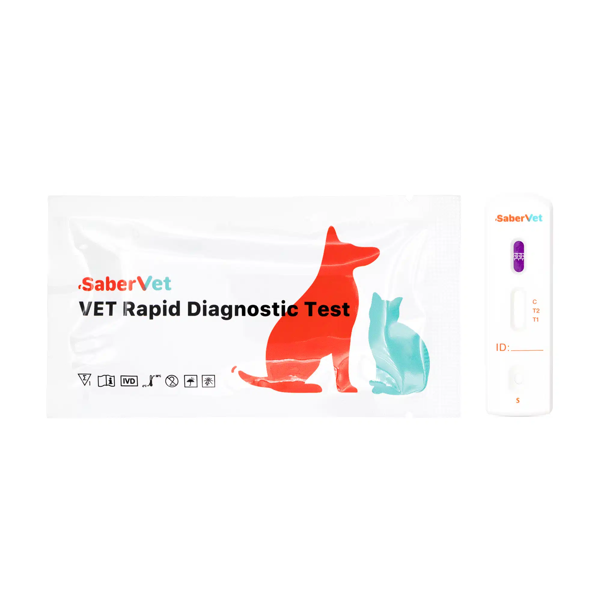 Indywidualna folijka testu diagnostycznego SaberVet oraz kasetka testowa FPL widoczna obok, białe tło