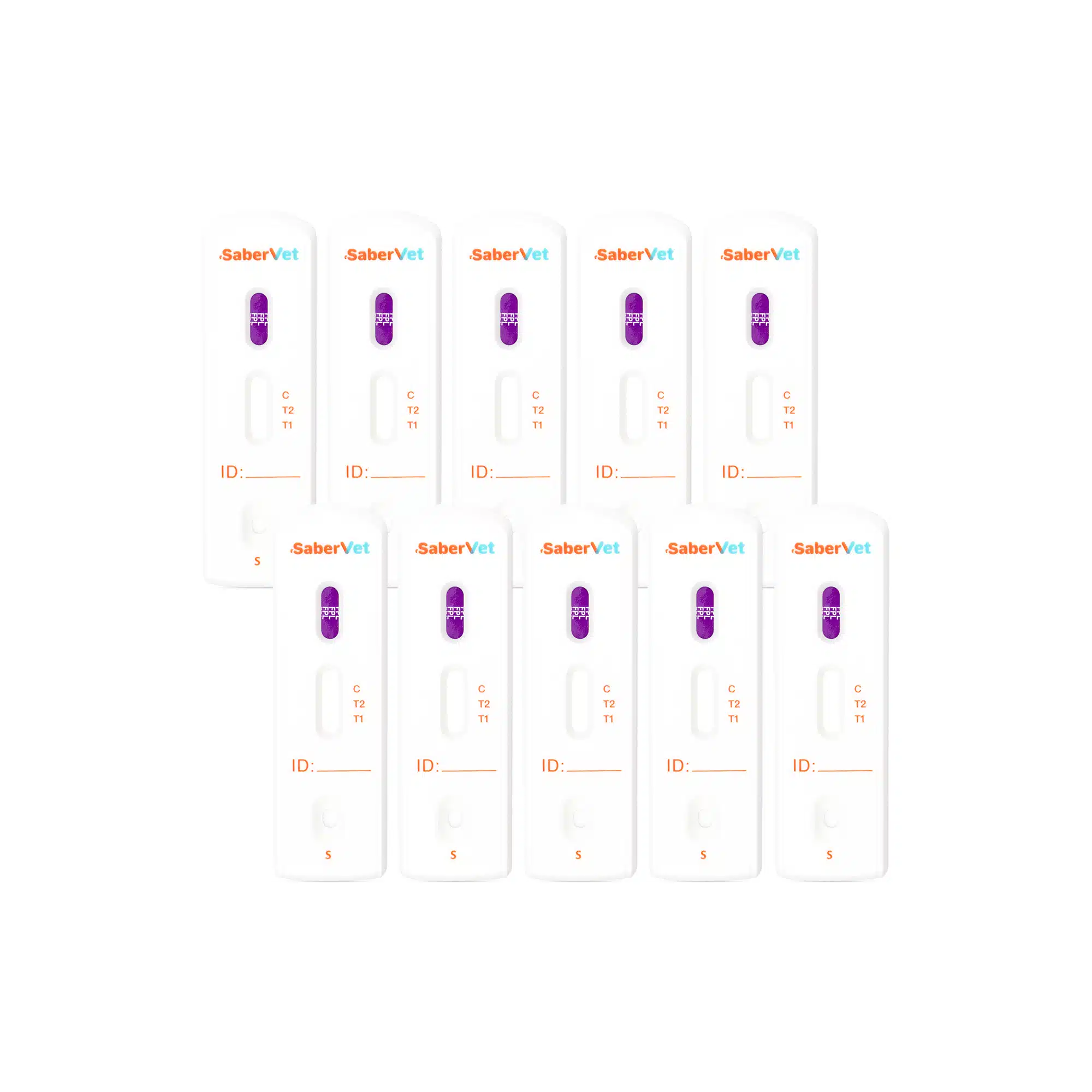 Dziesięć kasetek weterynaryjnego testu diagnostycznego SaberVet FPL ułożonych na białym tle