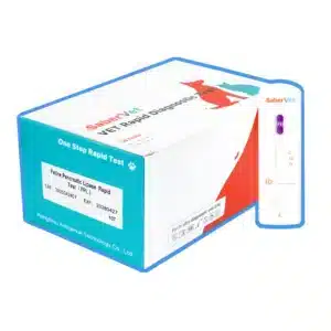 Opakowanie zbiorcze 10 testów SaberVet FPL oraz pojedyncza kasetka testowa umieszczona obok i niebieska ramka wokol tego