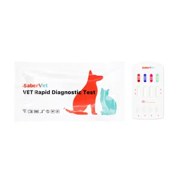 Kasetka testowa SaberVet do badania CHW Ag, EHR, BGD i ANA obok foliowego opakowania zestawu diagnostycznego, test weterynaryjny 4w1