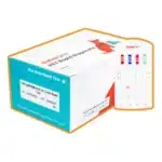 Test combo 4w1 SaberVet do wykrywania CHW Ag, EHR, BGD i ANA, pudełko zestawu z kasetką testową obok, oznaczenie kolorem pomarańczowym