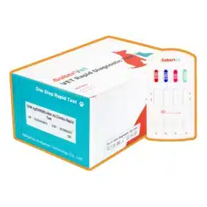 Test combo 4w1 SaberVet do wykrywania CHW Ag, EHR, BGD i ANA, pudełko zestawu z kasetką testową obok, oznaczenie kolorem pomarańczowym