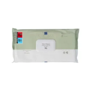 Opakowanie chusteczek Mediwipes Wet Wipes XL w miękkim opakowaniu typu flow pack z plastikowym zamknięciem. Na etykiecie widoczny napis „Wet Wipes XL” oraz informacja o 50 sztukach dużych chusteczek.